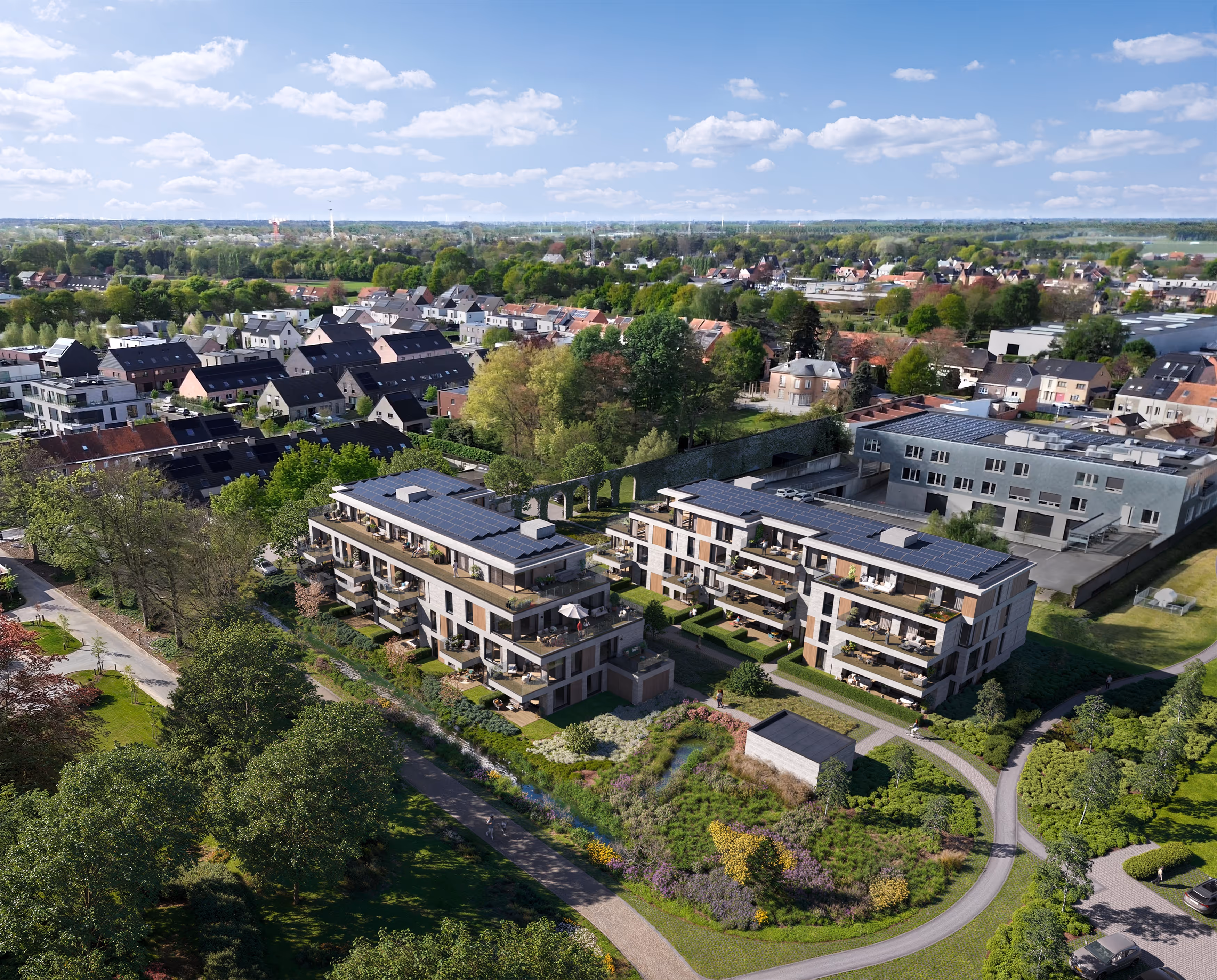 Luchtbeeld van het nieuwbouwproject Eyckentuyn in Eeklo, Oost-Vlaanderen